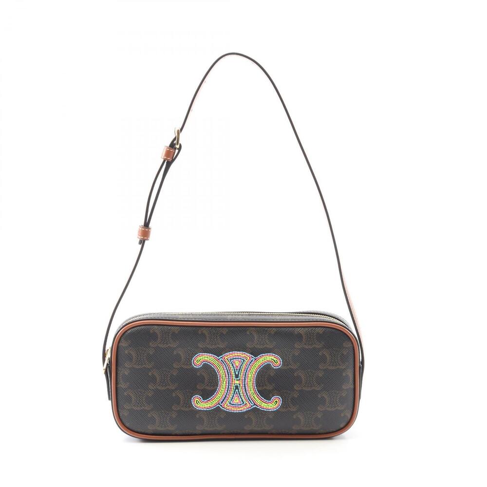 Celine Triomphe Shoulder Bag Canvas Leather Black Brown